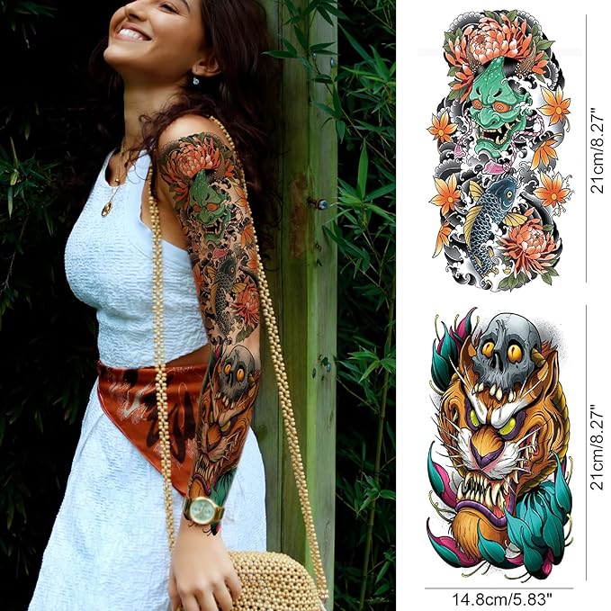 Ghost Joker Temporary Tattoo Sleeves for Kid Women, 4-Sheet Full Arm Colorful Japanese Drama Fake Sleeve Tattoo Sticker and 4-Sheet Realistic Large Half Temp Tatoo Boy Girl Party Favors Leg Body Art
