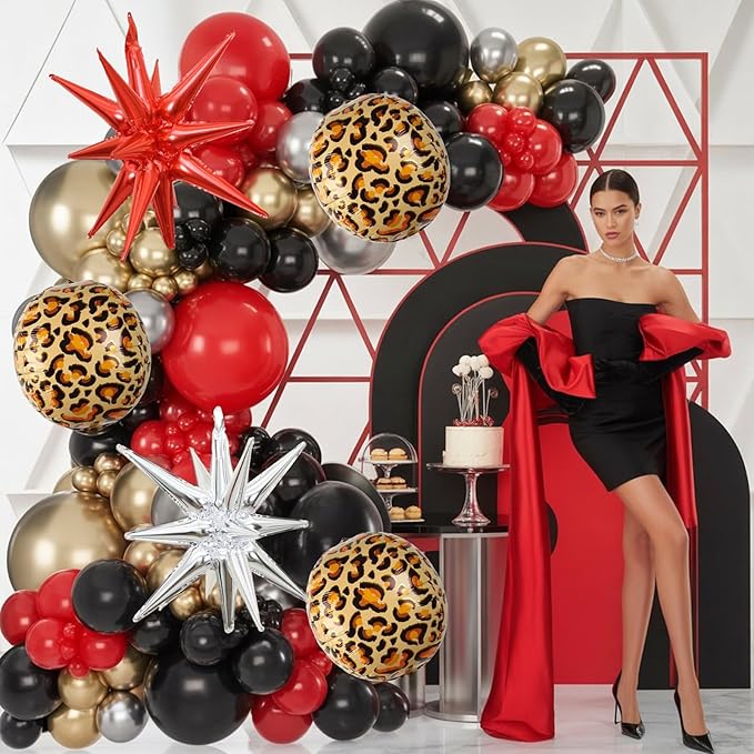 Red Black Gold Balloon Arch Garland Kit Leopard Cheetah Print Party Balloons Black Red Metallic Silver Gold Explosion Star Balloon for Girl Night Bachelorette New Year Casino Birthday Party Decoration