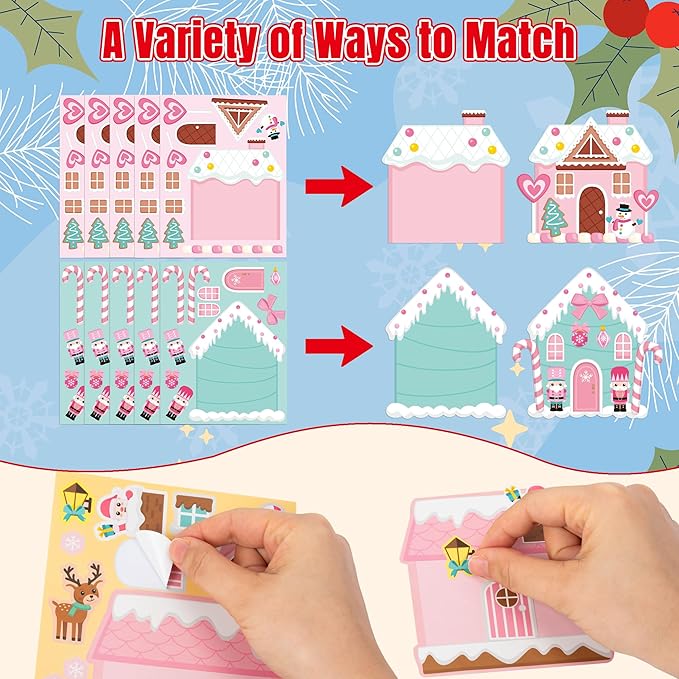 CY2SIDE Christmas Gingerbread House Stickers - 40PCS Pink Gingerbread House Make a Face Sticker Sheets for Kids School Reward, DIY Santa Claus Sticker Game Xmas Winter Party Favor for Home Fun Project