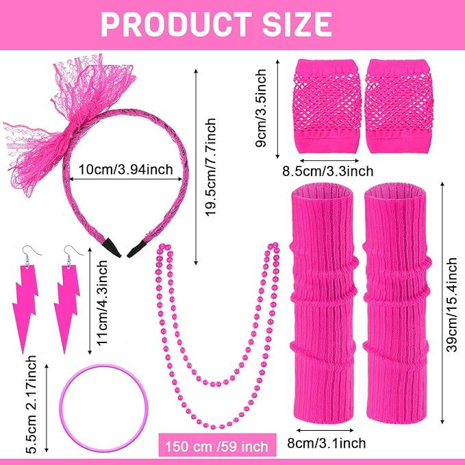 Handepo 19 Pcs 80s Costume Accessories Holographic Fanny Pack Leg Warmers Lace Headband Earrings Gloves Necklace Bracelet