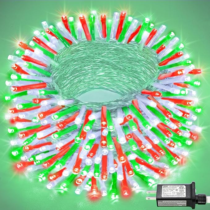 100FT 300 LED Christmas Lights Outdoor, Plug in Christmas String Lights Indoor, Waterproof & 8 Modes & Timer Function, Connectable Fairy Twinkle Light for Bedroom Patio Xmas Decor, Red White Green