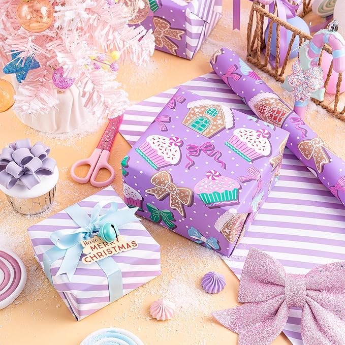 RUSPEPA Christmas Reversible Wrapping Paper Roll for Kids Girls, Mini Roll, Purple Gingerbread Cookies, Candy Canes and White Purple Stripes Ideal for Holiday Gifts, Christmas, 17 Inches x 16.4 Feet