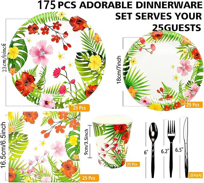 175Pcs Tropical Luau Party Supplies Aloha Hawaiian Paper Plates Set 9"& 7"Luau Plates Tropical Napkins Knives Forks Spoons Cups for Hawaiian Themed BBQs Summer Luau Birthday Party Decorations Serve25