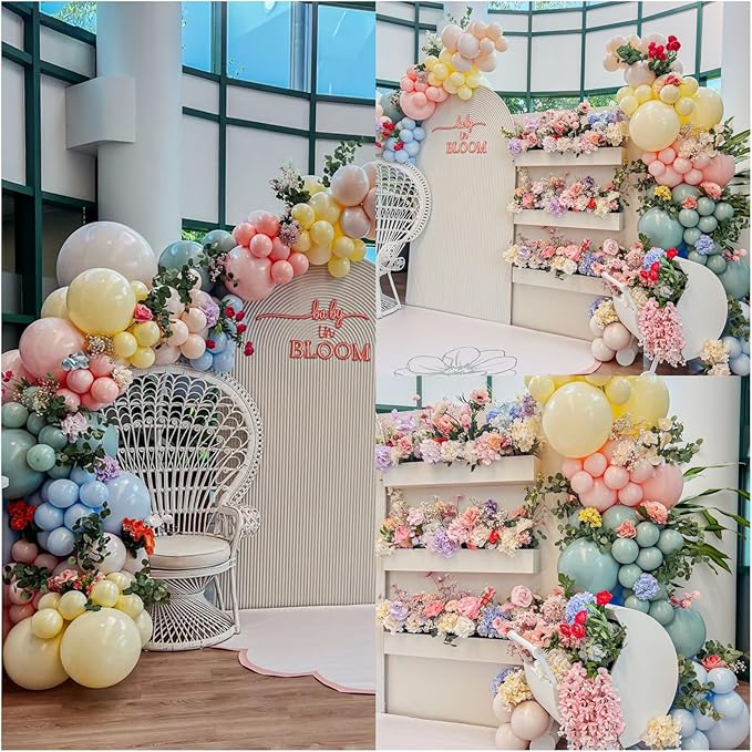 Pink Green Balloons Arch Sage Green Pink Blue Yellow White Balloon Garland Pastel Blue Yellow Beige Olive Latex Balloons Fairy Birthday Tea Goose Party Decorations Wedding Wildflower Baby Shower