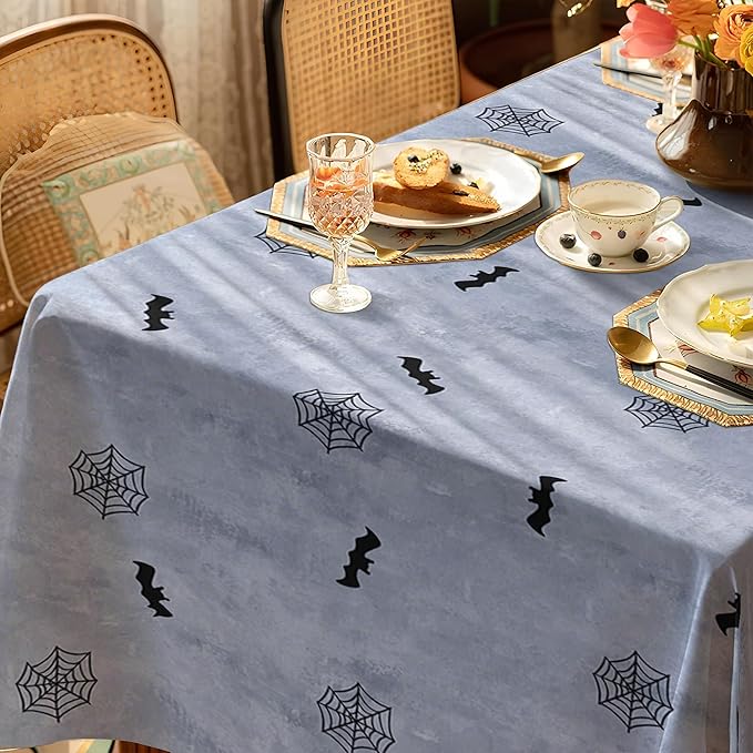Halloween Waterproof Tablecloth – Spooky Pumpkin, Black Cat, Bat & Spider Web Design – Gray Holiday Table Cover for Party, Dining, and Home Decor, W60 x L84 in