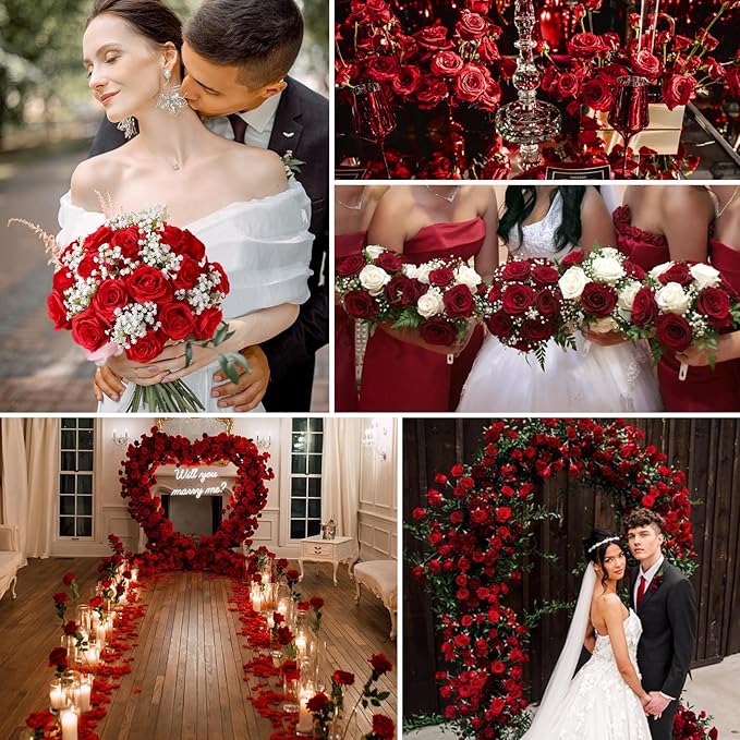 Tifuly 100 Pcs Red Roses Artificial Flowers Bulk, Realistic Long Stem Fake Silk Roses Bouquet for Wedding Centerpiece Table Vases Party Home Kitchen Decor