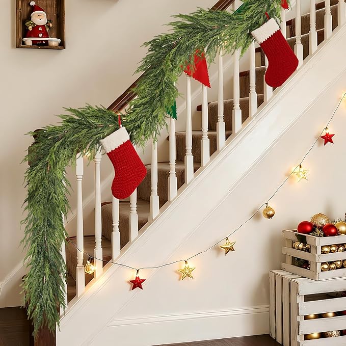 Real Touch Christmas Norfolk Pine Garland - 5ft Artificial Christmas Garland Fake Pine Needles Faux Green Garland for Fireplace,Table,Window,Stairs,Mante,Holiday Indoor Outdoor Xmas Decor(2PCS)