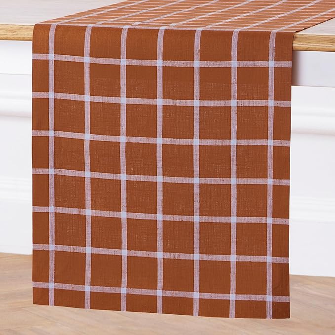 Solino Home Fall Table Runner 60 Inches - 100% Pure Linen Windowpane Cinnamon Table Runner 14 x 60 Inch Ideal for Dresser and Coffee Tables - Autumn, Thanksgiving