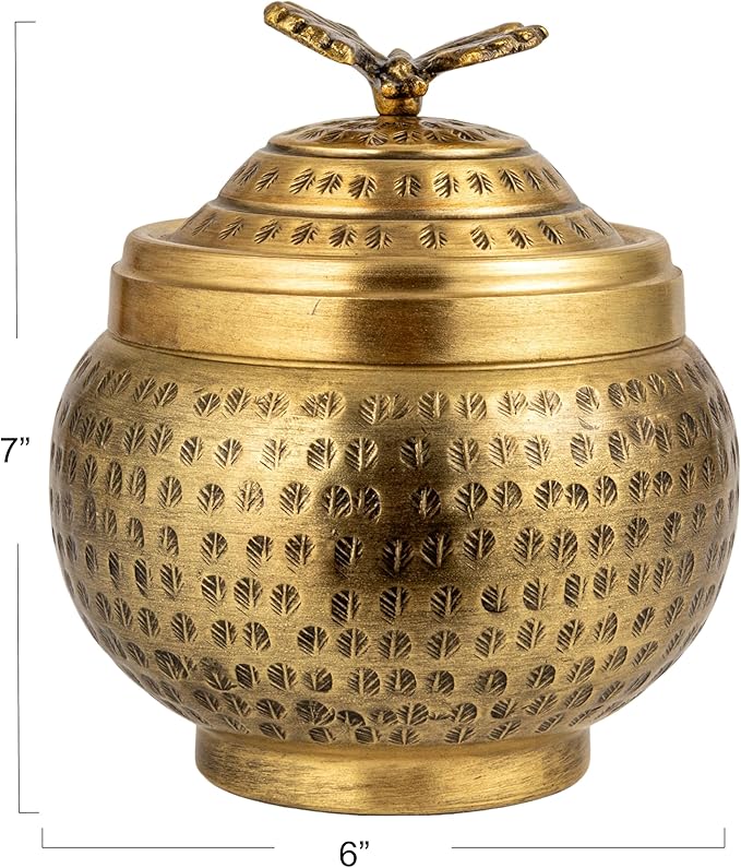 Creative Co-Op Round Hammered Metal Container with Butterfly Finial, Brass Finish