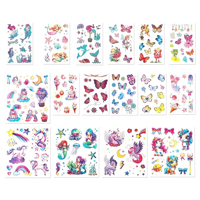 150+ Kids Glitter Temporary Tattoos for Girls – Individually Wrapped, Waterproof Tattoo Stickers – Mermaid, Unicorn, Fairy, Butterfly & More