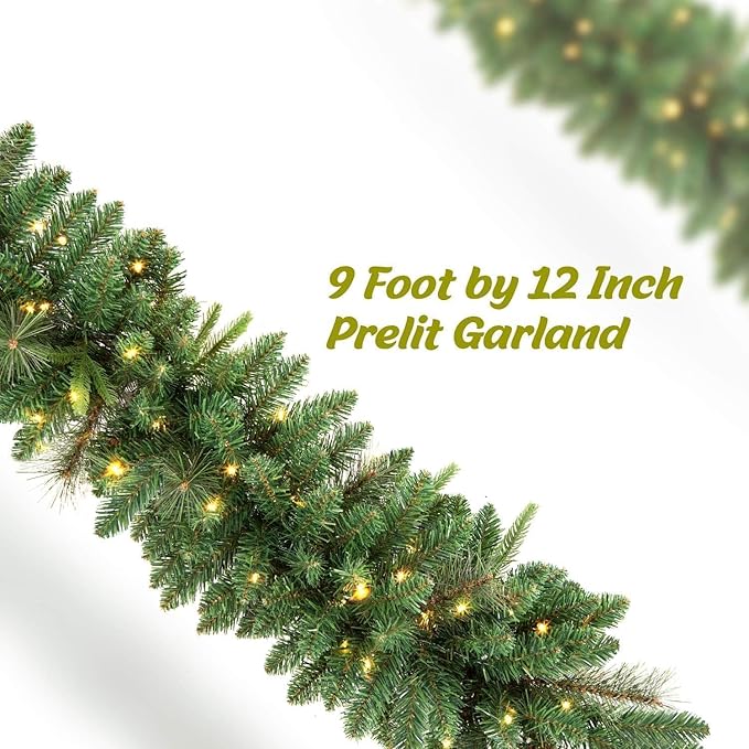 KING BIRD Pre-lit Christmas Garland, 9 FT by 12 Inch, Classic Green Christmas Garland with 50 Warm Lights 300 Branch Tips for Christmas