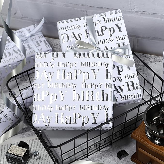 WRAPAHOLIC 3D Kraft Birthday Wrapping Paper Roll - Mini Roll - 17 Inch x 16.5 Feet - Silver and White Happy Birthday Lettering Design with Embossed Perfect for Holiday, Party Celebration