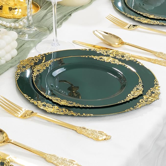 125PCS Green and Gold Plastic Plates - Fancy Green Disposable Plates - Vintage Christmas Plate with Gold Plastic Silverware Set for 25 Guests for Party Xmas Holiday