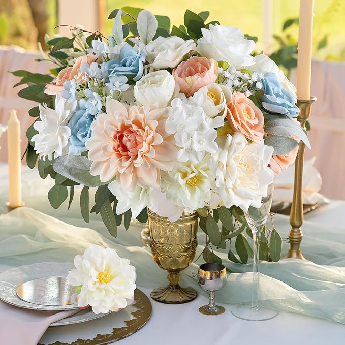 AGIRL Artificial Flowers Combo Silk Mix Purple Fake Flower with Stems for DIY Wedding Bouquets Centerpieces Arrangements Table Chair Decor Baby Shower Home Decor (Champagne Blue)