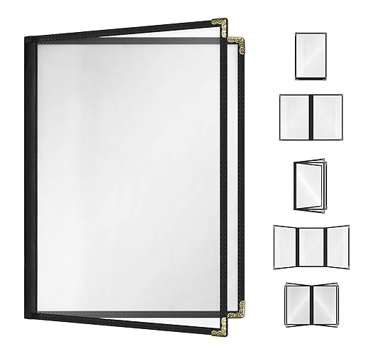 25 Pack Goodsmart Cafe Style Restaurant Menu Cover, 8.5x11 Side-Loading Double Stitched Edge Menu Sleeve, Crystal Clear Vinyl Menu Holder with Gold Decorative Corners (Black, 2 Pages / 4 Views)
