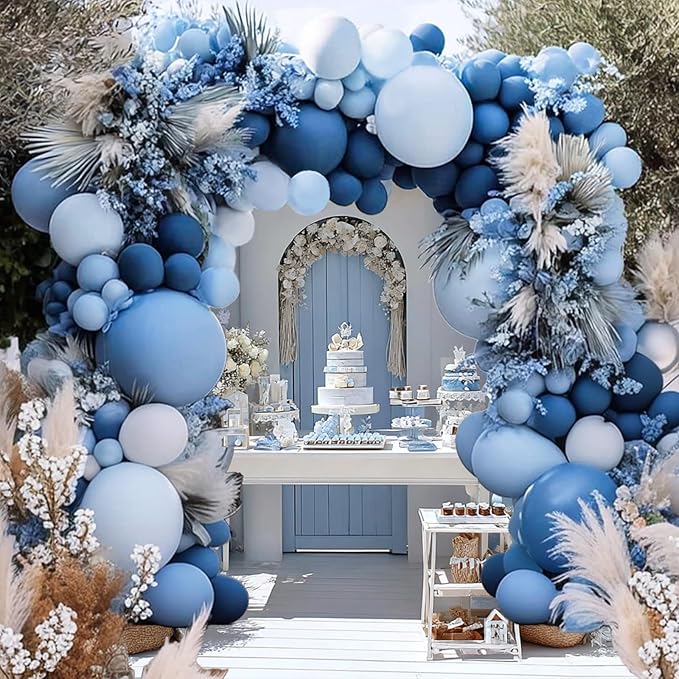 Dusty Blue Balloon Arch Kit | Double Stuffed Dark Light Baby Blue Garland with Navy & Cream White Balloons for Neutral Baby Shower, Gender Reveal, Wedding Decor