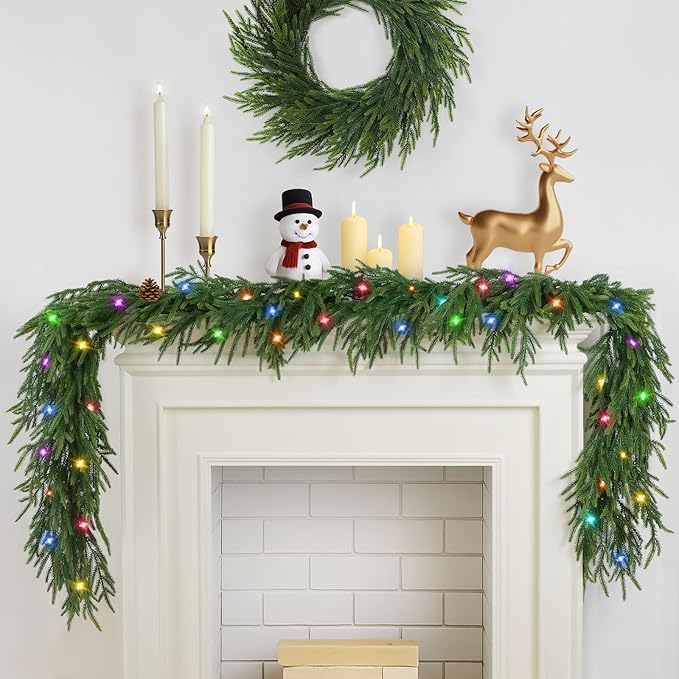 2 Pcs Prelit Christmas Norfolk Pine Garland with Lights, 6FT Battery Operated Real Touch Artificial Green Garlands for Table, Mantle, Stairs, Fireplace, Indoor & Outdoor Xmas Decorations
