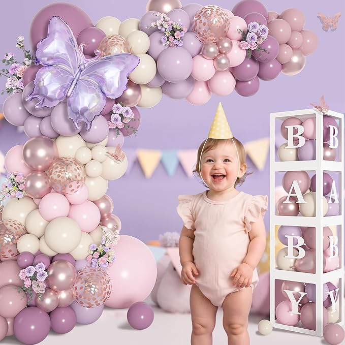 Amandir 153Pcs Purple Baby Shower Decorations for Girl, Double-stuffed Pink Purple Balloon Arch Kit Baby Boxes with Letter Foil Butterfly Balloons Sticker for Birthday Wedding Party Supplies