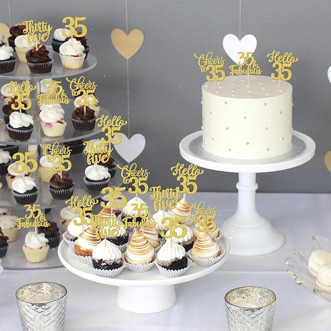 30PCS Happy 35th Birthday Cupcake Toppers Glitter Hello 35 Fabulous Thirty Five Cheers to 35 Years Old Birthday Cupcake Picks for Happy 35th Birthday Anniversary Party Cake Decor Supplies Gold