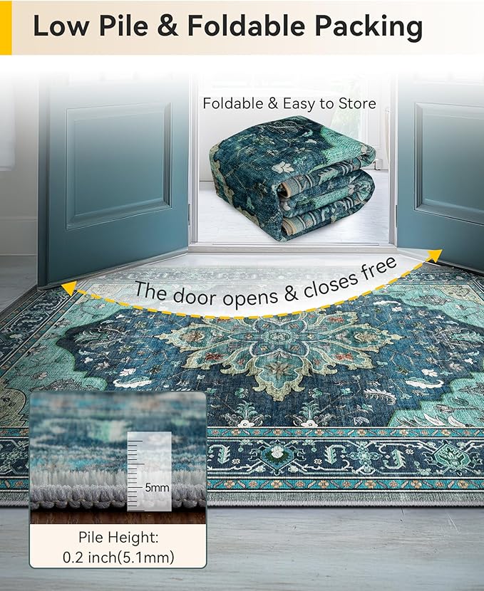 Area Rugs 2'x3' Washable Non-Slip, Floral Vintage Distress Print Pattern Medallion Carpet for Living Room Bedroom Dining Room, Teal Green Lake Blue Turquoise