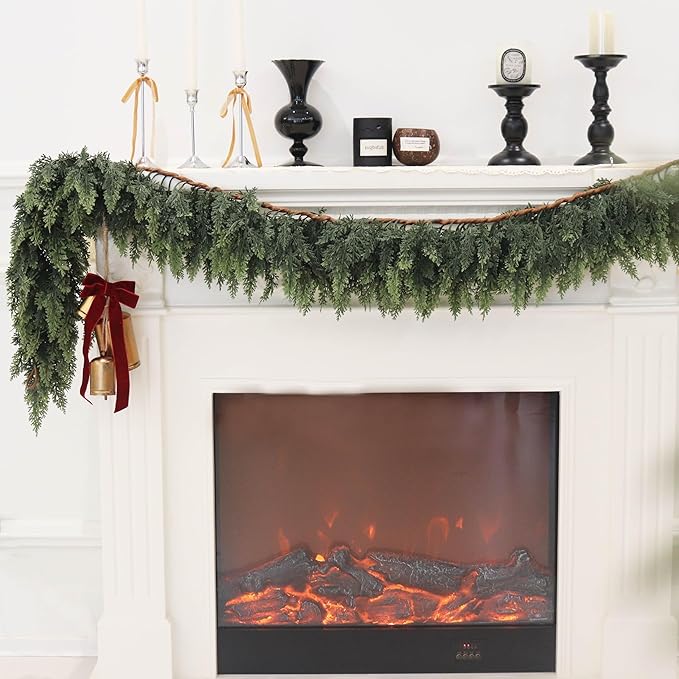 4PCS 9FT Artificial Cedar Garland for Christmas Decoration - Realistic Winter Greenery Garland for Mantel, Fireplace, Table, Door, Holiday Indoor Outdoor Decor