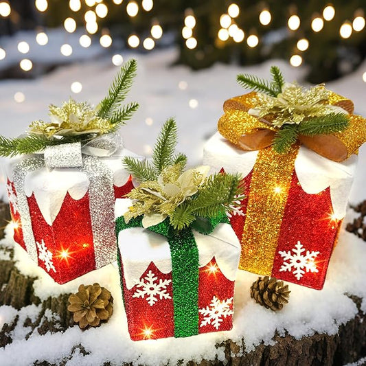 3 Pcs Christmas Lighted Gift Boxes with Bow 60 LED Battery Operated Pre-lit Present Box Decorations for Xmas Holiday Home Outdoor Yard