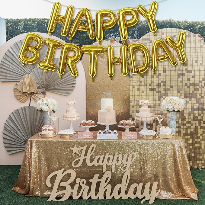 Gold Happy Birthday Mylar Foil Balloon Banner, 16 Inch Letter Balloons Bunting for Women, Men, Girls, Boys Birthday Party Decorations