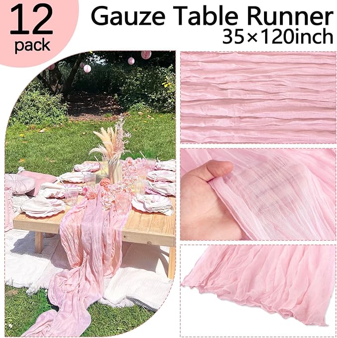 12 Pack Pink Cheesecloth Table Runner 10FT Boho Gauze Fabric Table Runner 35 x 120 Inch Rustic Sheer Runner for Centerpiece Wedding Decor Party Boho Table Decoration（Pink）