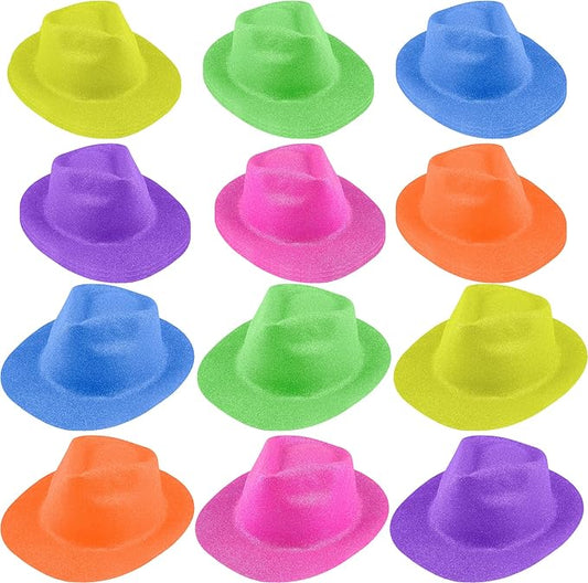 24 Pcs Neon Party Hats Bulk Plastic Fedora Party Hats Glitter Party Gangster Hats for Adult Kids Party Supplies