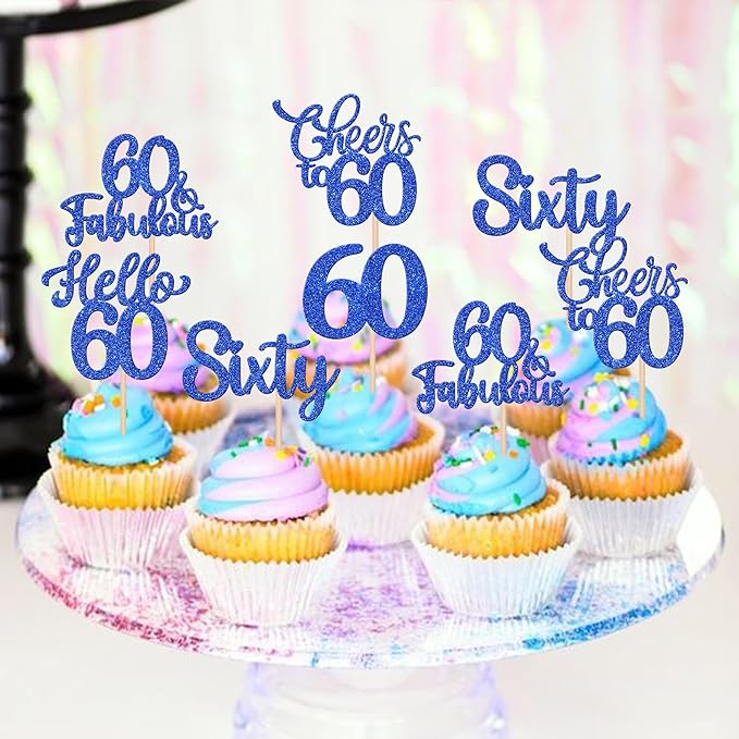 30PCS Happy 60th Birthday Cupcake Toppers Glitter Hello 60 Fabulous Sixty Cheers to 60 Years Old Birthday Cupcake Picks for Happy 60th Birthday Anniversary Party Cake Decorations Supplies Blue