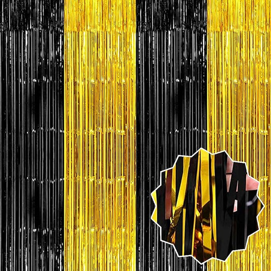 3 Pack Black and Gold Foil Fringe Curtains Backdrop, 3.28 x 8.2 Ft Metallic Streamers Tinsel Curtains Background for Photo Booth, Birthday, Christmas, Halloween, New Year Party Decorations