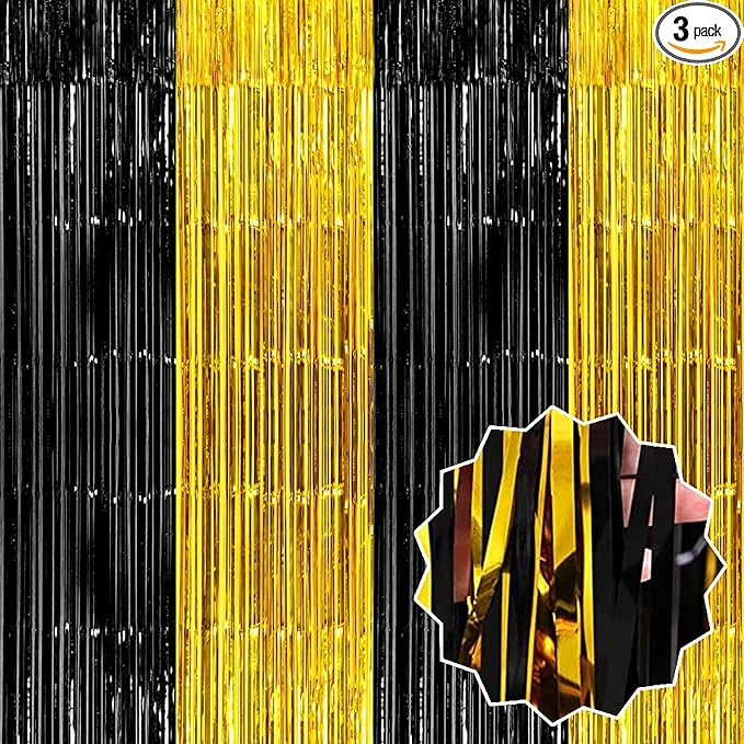 3 Pack Black and Gold Foil Fringe Curtains Backdrop, 3.28 x 6.6 Ft Metallic Streamers Tinsel Curtains Background for Photo Booth, Birthday, Halloween, Christmas, New Year Party Decorations