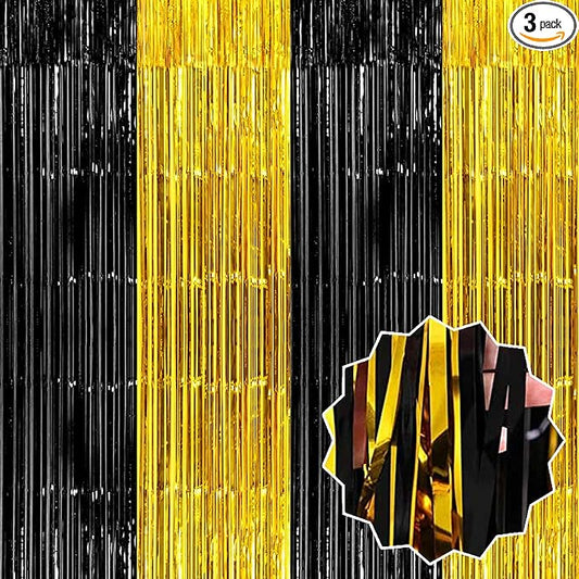 3 Pack Black and Gold Foil Fringe Curtains Backdrop, 3.28 x 6.6 Ft Metallic Streamers Tinsel Curtains Background for Photo Booth, Birthday, Halloween, Christmas, New Year Party Decorations
