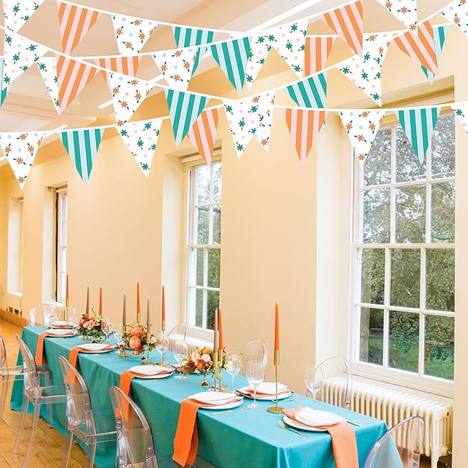 32Ft Italian Summer Party Decorations Orange Green Summer Wavy Floral Stripe Fabric Pennant Banner Triangle Flag Garland Streamer for Last Toast Coast Birthday Summer Baby Shower Bachelorette Supplies