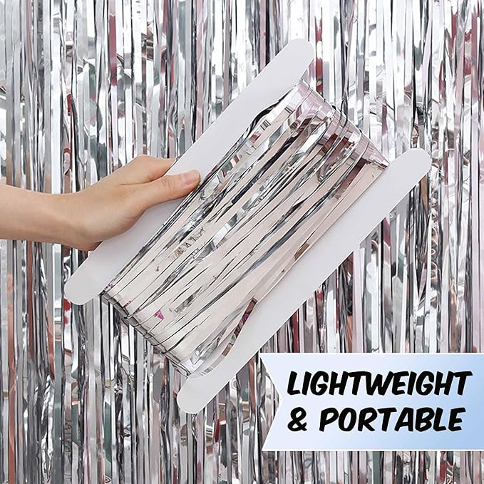 6 Pack Silver Foil Fringe Curtains Backdrop, 3.28 x 9.8 Ft Metallic Streamers Tinsel Curtains Background for Photo Booth, Birthday, Halloween, Christmas, Thanksgiving, New Year Party Decorations