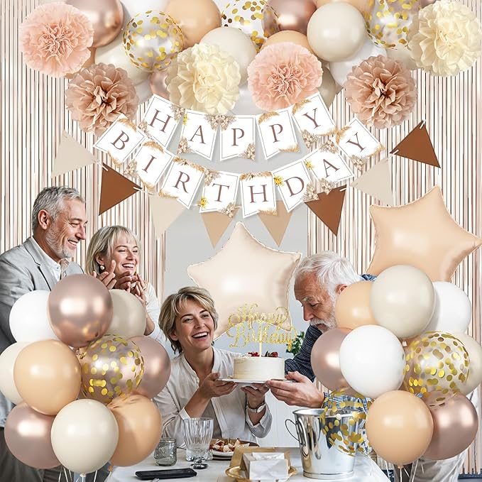 Beige Brown Birthday Decorations for Women, Gold Neutral Cream Sand White Party Balloon Kit with Boho Happy Birthday Banner Fringe Curtain Background Pom Pom Cake Topper for Boy Girl Men Bday Supplies