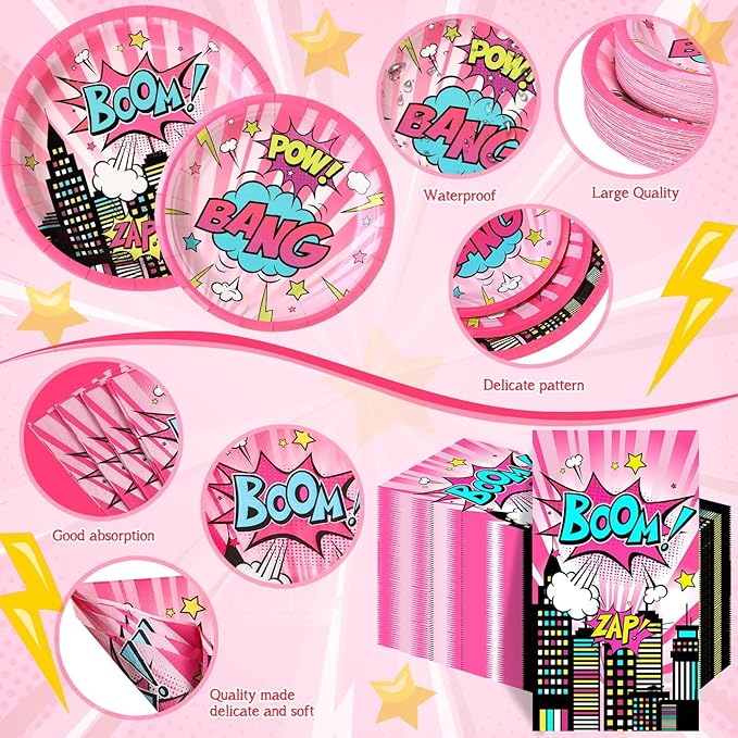250 Pcs Girl Hero Birthday Decoration Pink Comic Girl Hero Paper Plates Napkins and Cups Power Halloween Theme Party Tableware for Birthday Baby Shower Party Supplies, Serves 50