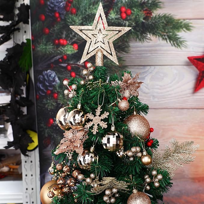 Sratte 94 Pcs Christmas Tree Decorations Set, Christmas Tree Ball Ornaments Glitter Poinsettia Flowers Decorations Glitter Berries Stems for Xmas Holiday Wedding(Champagne Gold)