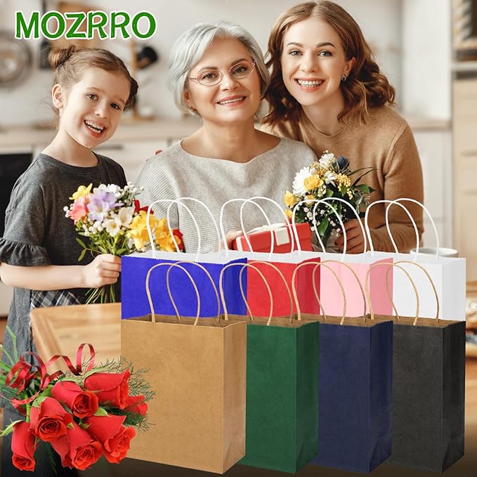 MOZRRO Gift Bags, 100 Pack 10.5x8.5x4.5 Inch, Paper Bags with Handles, Red, Medium Size, Recyclable, Eco-Friendly, Birthday, Wedding, Bulk, Party, Lunch Bags