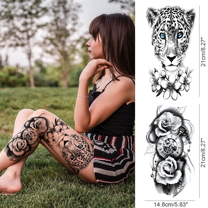 Flower Forest Temporary Tattoo Sleeve for Women Leg, 4-Sheet Full Arm Realistic Tiger Wolf Floral Fake Tattoo Sleeve Adult Girl and 4-Sheet Large Black Half Temp Tatoo Sticker Thigh Makeup Body Art