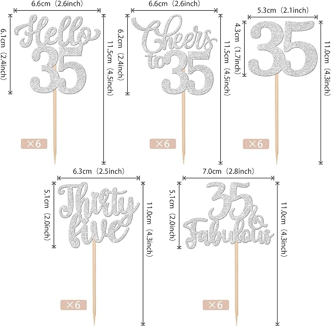 30PCS Happy 35th Birthday Cupcake Toppers Glitter Hello 35 Fabulous Thirty Five Cheers to 35 Years Old Birthday Cupcake Picks for Happy 35th Birthday Anniversary Party Cake Decor Supplies Silver