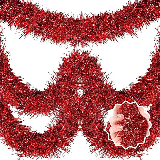 25 Feet Red Christmas Tinsel Garland, Metallic Foil Twist Banner Wall Hanging Tinsel Streamers Backdrop for Parade Floats, Christmas, Mother's Day, Birthday Party Decorations(4in x 25ft)