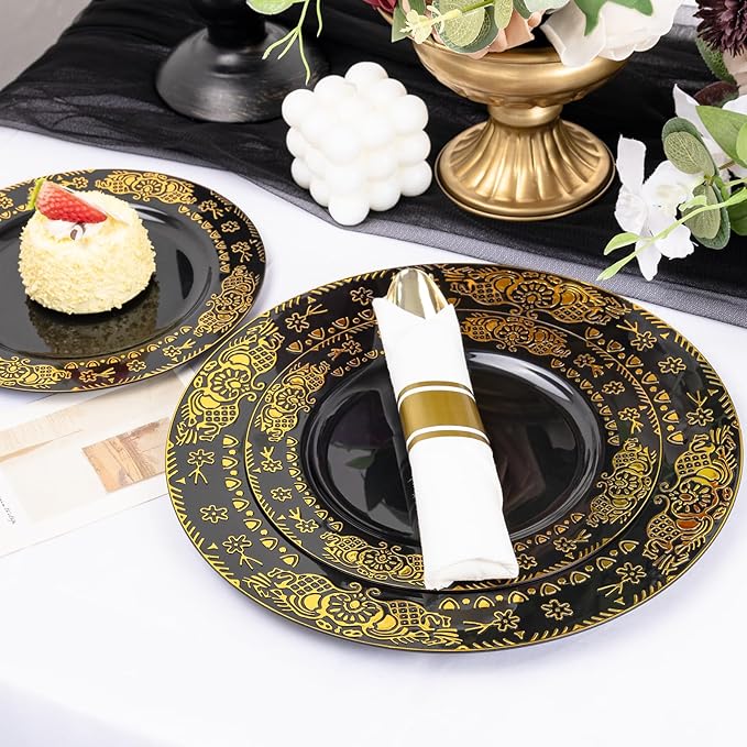 GATHER 350PCS Black and Gold Plastic Plates - Gold Disposable Dinnerware Set Include 50 Dinner Plates, 50 Dessert Plates, 150 Gold Plastic Silverware, 50 Napkins, 50 Cups for Wedding & New Year