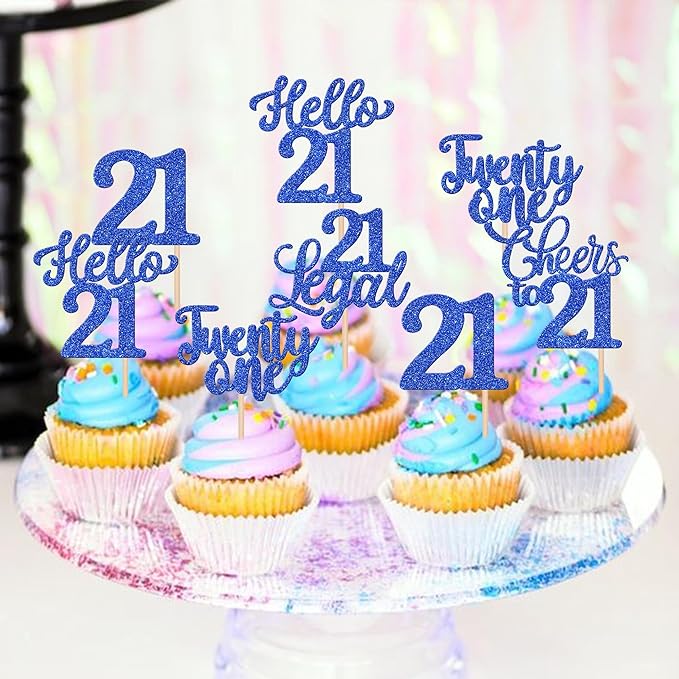 30PCS Happy 21st Birthday Cupcake Toppers Glitter Twenty One Legal 21 Hello 21 Cupcake Picks Cheers to 21 Birthday Decorations for 21st Birthday Anniversary Party Cake Decoration Supplies Blue