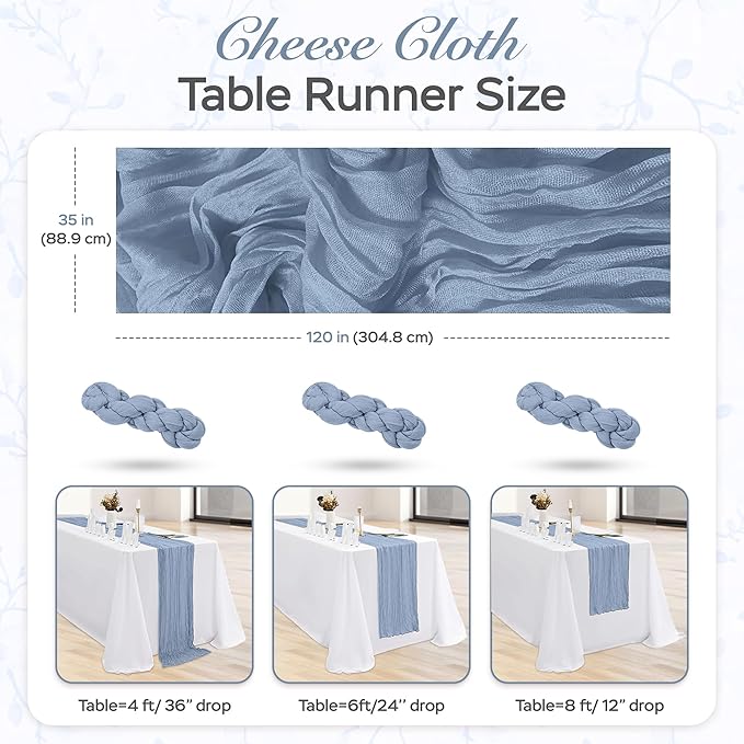 Cheesecloth Table Runner 3 Pack – 35x120 Inch (10ft) Boho Rustic Gauze Cloth Runners – Crinkle Polyester Table Decor for Wedding, Baby Shower, Bridal Shower, Birthday Party and More (Dusty Blue)