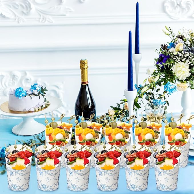 Tioncy 250 Pcs Charcuterie Cups with Cocktail Picks Sets, Bridal Shower Decoration 50 Charcuterie Cups with 200 Sticks for Wedding Baby Shower Floral Boho Witch Party Decorations(Blue,Flower)
