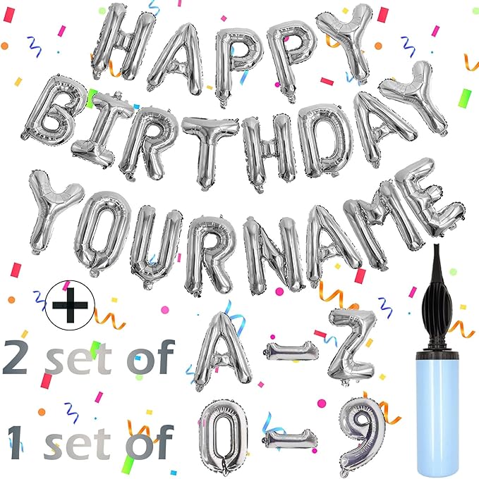 76pcs Happy Birthday Balloon Banner, Silver Balloons Letters, Personalized 16" Mylar Foil Birthday Decorations includes 2 Sets A- Z, 1 set Number 0-9 and "HAPPY BIRTHDAY" letters (with Balloon Pump)