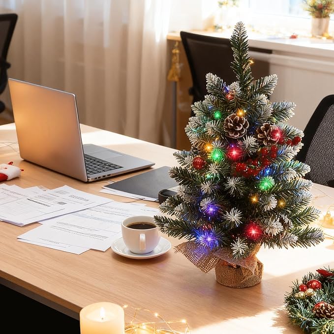 Joyhalo 2ft Small Christmas Tree with Lights Multicolor and Warm White, Flocked Pre Lit Table Top Christmas Tree, 80 Branches Mini Xmas Tree for Room Office Classroom Decoration