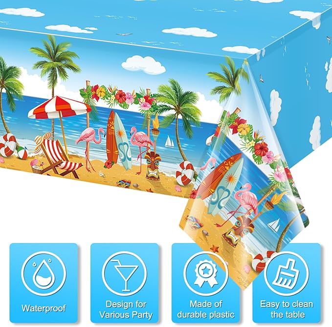 6 Pack Summer Beach Plastic Tablecloth Party Decorations, Disposable Aloha Luau Hawaiian Tablecloth, Flamingo Surfboard Table Cover for Summer Beach Pool Hawaiian Theme Party Decorations, 54 x 108Inch