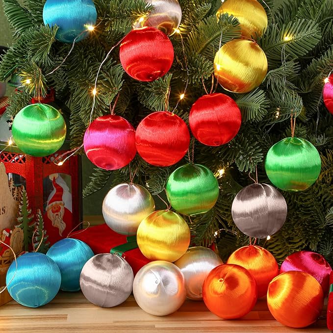 Syhood 24 Pcs 2.76 Inch Christmas Satin Balls Ornaments DIY Craft Foam Silk Christmas Ball Ornaments DIY Multicolor Yarn Xmas Tree Hanging Decoration for Xmas Tree Party Holiday Supplies